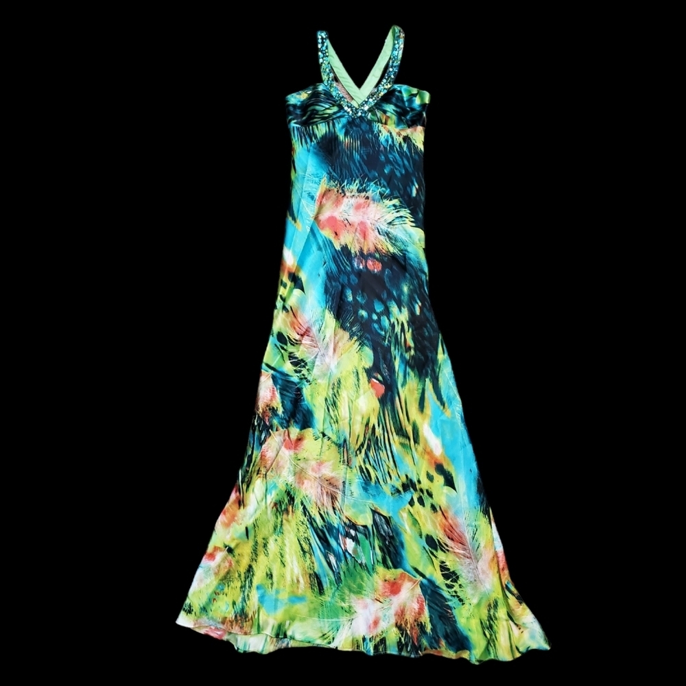 Hailey Logan by Adrianna Papell Sequin Watercolor Tropical Maxi Dress, Size 5/6